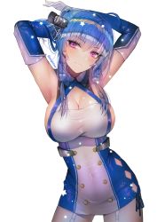 Rule 34 | 1girl, ahoge, armpits, arms behind head, azur lane, bare shoulders, blue gloves, blue hair, blush, breasts, cleavage, closed mouth, collarbone, covered navel, cowboy shot, dress, elbow gloves, garter straps, gloves, hair between eyes, hair ornament, hair ribbon, hanato (seonoaiko), hand in own hair, head tilt, highres, hip focus, large breasts, light smile, long hair, looking at viewer, no bra, purple eyes, ribbon, short dress, side slit, sideboob, sidelocks, smile, solo, sparkle, st. louis (azur lane), star (symbol), taut clothes, taut dress, thighs, tress ribbon, white background, white gloves