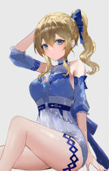 Rule 34 | 1girl, :/, absurdres, arm up, bare legs, bare shoulders, belly chain, blonde hair, blue eyes, blue shirt, blue skirt, choker, commentary, detached sleeves, frilled sleeves, frills, genshin impact, grey background, hair between eyes, hand on own head, high-waist shorts, highres, jean (genshin impact), jean (sea breeze dandelion) (genshin impact), jewelry, looking at viewer, o-ring, ponytail, raiya atelier, see-through, see-through sleeves, shirt, short shorts, short sleeves, shorts, sidelocks, simple background, skirt, sleeveless, sleeveless shirt, solo, thigh strap, thighs, white choker