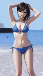 Rule 34 | 1girl, absurdres, armpits, arms up, beach, bikini, blue bikini, blue sky, breasts, commentary, gompang 11, hand in own hair, highres, looking at viewer, medium breasts, medium hair, mole, mole under eye, navel, open mouth, original, outdoors, real life, side-tie bikini bottom, sky, solo, standing, stomach, swimsuit, water