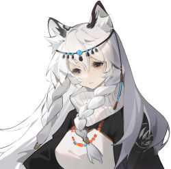 Rule 34 | 1girl, animal ears, arknights, black coat, braid, brown eyes, closed mouth, coat, commentary request, head chain, highres, jewelry, kjerag logo, laoxianyua, leopard ears, long hair, looking at viewer, pramanix (arknights), simple background, solo, turtleneck, twin braids, upper body, white background, white hair