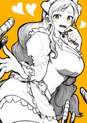 Rule 34 | 1girl, absurdres, baby 5, belt, breasts, cleavage, dress, frilled dress, frills, greyscale with colored background, heart, highres, large breasts, long hair, maid headdress, monochrome, one piece, solo, teardrop, thighhighs, yellow background, yellow eyes, yotsumi shiro
