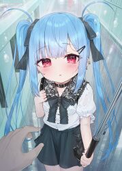 Rule 34 | 1boy, 1girl, black bow, black collar, black skirt, blue hair, blush, bow, collar, collared shirt, commentary request, hair bow, highres, holding, holding umbrella, long hair, looking at viewer, original, outdoors, parted lips, puffy short sleeves, puffy sleeves, rain, red eyes, see-through, shirt, short sleeves, skirt, solo focus, tsukiman, twintails, umbrella, very long hair, water drop, wet, wet clothes, wet hair, wet shirt, white shirt