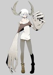 Rule 34 | 1girl, antlers, artist request, boots, fangs, female focus, full body, grey background, highres, horns, jpeg artifacts, monster girl, original, oversized forearms, oversized limbs, short hair, simple background, solo, white hair