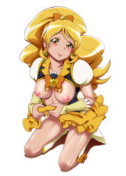 Rule 34 | 10s, 1girl, blonde hair, blush, boots, breasts, breasts out, brooch, clothes lift, collarbone, cum, cure honey, earrings, eyelashes, female pubic hair, full body, hair ornament, hair ribbon, happinesscharge precure!, happy, head tilt, heart, heart brooch, high heels, highres, jewelry, kijinaka mahiro, knee boots, kneehighs, kneeling, large breasts, lips, lipstick, long hair, looking at viewer, magical girl, makeup, nipples, no panties, oomori yuuko, precure, pubic hair, pubic hair peek, puffy sleeves, pussy, ribbon, simple background, skirt, skirt hold, skirt lift, smile, socks, solo, uncensored, undressing, vest, white background, wide ponytail, wrist cuffs, yellow eyes, yellow skirt