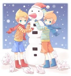 Rule 34 | 2boys, blue eyes, blue footwear, blue gloves, blue scarf, boots, brothers, child, claus (mother 3), full body, gloves, hat, looking at viewer, lucas (mother 3), male focus, mother (game), mother 3, multiple boys, nintendo, quiff, rabbit, red footwear, red gloves, red scarf, santa hat, scarf, shirt, short hair, shorts, siblings, snowing, snowman, striped clothes, striped shirt, tonamiko