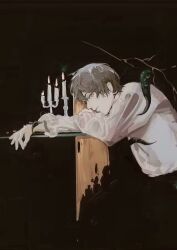 Rule 34 | 1boy, black pants, brown hair, candelabra, candle, candlelight, candlestand, cynicism373, dark, fire, highres, klein moretti, leaning on table, looking at viewer, lord of the mysteries, pale skin, pants, shirt, tablecloth, tentacles, white shirt, yellow eyes
