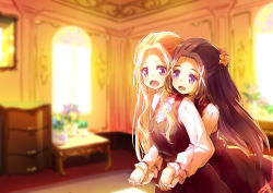 Rule 34 | 2girls, 54hao, :d, black dress, black hair, blurry, blurry background, blush, bow, brown flower, center frills, day, depth of field, dress, flower, forehead, frills, hair flower, hair ornament, highres, holding hands, indoors, interlocked fingers, long hair, long sleeves, multiple girls, open mouth, original, parted bangs, purple eyes, shirt, siblings, sisters, sleeveless, sleeveless dress, sleeves past wrists, smile, sunlight, twins, very long hair, white bow, white hair, white shirt, window, x hair ornament