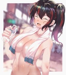 Rule 34 | :d, after bathing, bottle, breasts, closed eyes, covered erect nipples, highres, kaga (kancolle), kantai collection, large breasts, milk bottle, multicolored hair, naked towel, navel, open mouth, outside border, red hair, side ponytail, smile, solo, standing, steam, towel, towel around neck, towel over breasts, two-tone hair, wakura (gcdan), wet, wet hair, |d