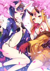 Rule 34 | absurdres, breasts, cherry blossoms, cleavage, fate/grand order, fate (series), highres, horns, ibaraki douji (fate), looking at viewer, no bra, open clothes, open shirt, panties, pate♡, pointy ears, shirt, shuten douji (fate), tattoo, underwear