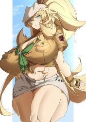 Rule 34 | 1girl, abs, barghest (fate), barghest (swimsuit archer) (fate), barghest (swimsuit archer) (first ascension) (fate), biceps, blonde hair, breasts, cleavage, fate/grand order, fate (series), fingerless gloves, gloves, green eyes, grey hat, grey skirt, hat, high ponytail, highres, huge breasts, long hair, looking at viewer, midriff, miniskirt, muscular, muscular female, navel, neckerchief, pencil skirt, ri o ne su, shirt, short sleeves, sidelocks, skirt, solo, thick thighs, thighs, tied shirt, yellow gloves, yellow shirt