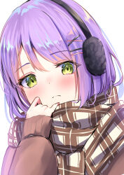 Rule 34 | 1girl, absurdres, brown scarf, brown sweater, closed mouth, earmuffs, green eyes, hair ornament, hairclip, highres, hololive, kon (07263545), long sleeves, looking at viewer, plaid, plaid scarf, purple hair, scarf, simple background, solo, sweater, tokoyami towa, upper body, virtual youtuber, white background, x hair ornament