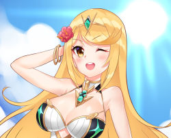 Rule 34 | 1girl, :d, bare arms, bare shoulders, blonde hair, blush, bracelet, breasts, cawang, chest jewel, cleavage, day, gem, highres, jewelry, large breasts, long hair, looking at viewer, mythra (xenoblade), nintendo, one eye closed, open mouth, outdoors, sky, smile, solo, sun, swept bangs, tiara, upper body, xenoblade chronicles (series), xenoblade chronicles 2, yellow eyes