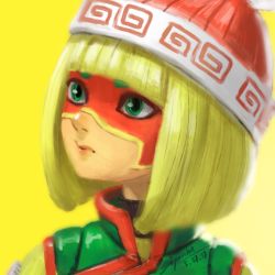 Rule 34 | 1girl, 2017, arms (game), bad id, bad pixiv id, beanie, blonde hair, blunt bangs, bob cut, chinese clothes, closed mouth, domino mask, food, gradient background, green eyes, hat, highres, jyunhh, knit hat, lips, looking away, looking to the side, mask, min min (arms), noodles, nose, portrait, red hat, ringed eyes, short hair, signature, solo, turtleneck, upper body, yellow background