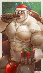 Rule 34 | 1boy, abs, absurdres, artist name, bara, big foot (housamo), blush, bulge, bull, chizo (chizo67), christmas, commentary, english commentary, furry, furry male, gift, hat, highres, holding, holding gift, holding sack, horns, male focus, merry christmas, mixed-language commentary, muscular, muscular male, penis, penis peek, sack, santa hat, self-upload, smiley face, snowing, solo, tokyo houkago summoners, tongue, tongue out, topless male, torn clothes, veins, veiny penis