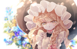 Rule 34 | 1girl, apron, black shirt, blonde hair, blurry, blurry background, braid, expressionless, floral background, hair ribbon, hat, head tilt, high collar, highres, kirisame marisa, light particles, long hair, looking at viewer, parted lips, ribbon, shirt, single braid, solo, standing, touhou, tress ribbon, upper body, very long hair, white background, witch hat, yellow eyes, yurigaoka nayuki