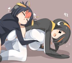 Rule 34 | all fours, black hair, black jacket, blonde hair, blush, brown background, brown eyes, closed eyes, commentary request, emperor penguin (kemono friends), feet out of frame, grabbing, grabbing another&#039;s breast, hair between eyes, hair over one eye, headphones, heart, jacket, kemono friends, lets0020, long bangs, looking at another, multicolored hair, numbered, one-piece swimsuit, open clothes, open jacket, open mouth, orange hair, red hair, rockhopper penguin (kemono friends), short hair, streaked hair, swimsuit, thighhighs, white one-piece swimsuit, white thighhighs, yuri