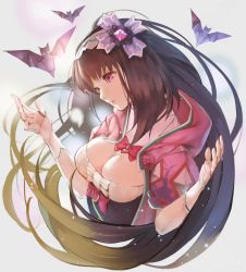 Rule 34 | bat (animal), black hair, breasts, cleavage, fate/grand order, fate (series), gradient hair, ha2ru, hairband, large breasts, long hair, low twintails, multicolored hair, origami, osakabehime (fate), purple eyes, twintails, upper body, very long hair