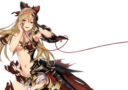 Rule 34 | 1girl, armor, black gloves, blonde hair, bow, breasts, contrapposto, cowboy shot, exploding clothes, gloves, granblue fantasy, hair bow, hands on own face, long hair, looking at viewer, medium breasts, moriyama yuuki, navel, open mouth, red eyes, smile, solo, standing, string, string of fate, torn clothes, vira (granblue fantasy)