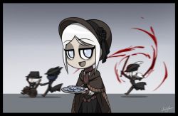 Rule 34 | 2boys, 2girls, ascot, blood, bloodborne, blue eyes, bonnet, cape, chasing, cloak, colorized, commentary, cookie, dress, dual wielding, english commentary, flower, food, gehrman the first hunter, hat, hat feather, holding, hunter (bloodborne), lady maria of the astral clocktower, lee-sanixay, long hair, multiple boys, multiple girls, open mouth, plain doll, ponytail, rakuyo (bloodborne), rose, running, scarf, short hair, swept bangs, sword, top hat, weapon, wheelchair, white hair