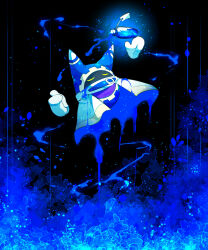 Rule 34 | animal ears, belt, belt buckle, belt collar, black background, blue background, blue belt, blue cape, blue hood, bottle, buckle, cape, closed eyes, collar, commentary request, covered mouth, disembodied limb, dripping, falling, gear print, gloves, glowing, highres, kirby (series), magolor, nintendo, no humans, paint splatter, petals, rayman limbs, reaching, scarf, shirushiki, solo, tag, two-sided cape, two-sided fabric, two-tone background, white cape, white gloves, white scarf