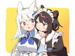 Rule 34 | 2girls, animal ear fluff, animal ears, apron, aqua hair, armband, black choker, blush, breasts, choker, closed mouth, d.y.x., eye contact, fang, frilled apron, frills, gradient hair, hair ornament, hand on another&#039;s shoulder, heterochromia, inui toko, japanese clothes, lize helesta, long hair, looking at another, maid, maid headdress, medium breasts, multicolored hair, multiple girls, nijisanji, parted lips, purple eyes, red eyes, simple background, upper body, virtual youtuber, wa maid, white apron, white hair, yellow eyes, yuri
