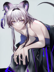 Rule 34 | 1girl, absurdres, animal ears, arknights, bare arms, bare shoulders, breasts, commentary request, grey background, grey hair, hair between eyes, highres, lin (arknights), long hair, looking at viewer, mackia, mouse ears, mouse tail, purple eyes, simple background, small breasts, solo, tail