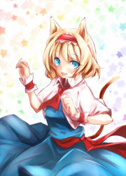 Rule 34 | 1girl, alice margatroid, animal ears, blonde hair, blue eyes, blush, cat ears, cat tail, hairband, kemonomimi mode, looking at viewer, nirap, open mouth, short hair, smile, solo, tail, touhou