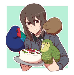 Rule 34 | 1girl, animal, animal on shoulder, bird, brown eyes, brown hair, cake, closed mouth, commentary request, cropped torso, dress shirt, food, girls und panzer, green background, grey shirt, holding, holding animal, holding bird, holding cake, holding food, kakapo, kuromorimine school uniform, long sleeves, looking at viewer, nishizumi maho, outline, outside border, parrot, school uniform, shirt, short hair, smile, solo, torinone, upper body, white outline, wing collar