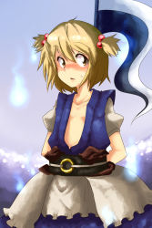 Rule 34 | 1girl, arms behind back, blonde hair, blue dress, collarbone, cosplay, dress, flat chest, hair bobbles, hair ornament, harusame (unmei no ikasumi), hitodama, looking at viewer, lunasa prismriver, onozuka komachi, onozuka komachi (cosplay), open clothes, open shirt, scythe, shirt, short sleeves, short twintails, solo, sweatdrop, touhou, twintails, two side up, yellow eyes