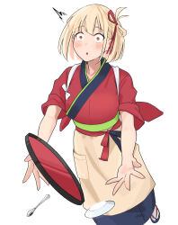 Rule 34 | 1girl, absurdres, apron, blonde hair, blush, breasts, commentary, english commentary, hair ribbon, highres, japanese clothes, kimono, large breasts, lewdrawings, lycoris recoil, maid, nishikigi chisato, official alternate costume, one side up, red eyes, red kimono, red ribbon, ribbon, sandals, short hair, simple background, solo, spoon, tray, tripping, white background, zouri