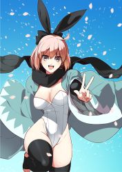 Rule 34 | 1girl, ahoge, animal ears, barefoot, bow, breasts, cherry blossoms, cleavage, fake animal ears, fate/grand order, fate (series), grey eyes, hair bow, japanese clothes, koha-ace, leotard, looking at viewer, medium breasts, okita souji (fate), okita souji (koha-ace), open mouth, pink hair, playboy bunny, rabbit ears, rkp, scarf, shinsengumi, short hair, smile, solo, thighhighs, toeless legwear, toes, v