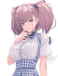 Rule 34 | 1girl, alternate costume, artist name, atlanta (kancolle), breasts, brown hair, buttons, closed mouth, dated, grey eyes, highres, kantai collection, kobeya uniform, large breasts, long hair, rokuwata tomoe, shirt, short sleeves, signature, simple background, solo, twitter username, two side up, upper body, white background, white shirt