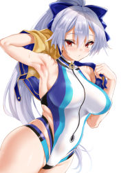 Rule 34 | 1girl, arm behind head, arm up, armpits, blue bow, blue jacket, blue one-piece swimsuit, blush, bow, breasts, cle masahiro, competition swimsuit, fate/grand order, fate (series), hair between eyes, hair bow, highleg, highleg swimsuit, highres, jacket, large breasts, long hair, looking at viewer, one-piece swimsuit, open mouth, ponytail, red eyes, short sleeves, silver hair, simple background, swimsuit, thighs, tomoe gozen (fate), tomoe gozen (swimsuit saber) (fate), tomoe gozen (swimsuit saber) (first ascension) (fate), towel, two-tone swimsuit, white background, white one-piece swimsuit