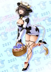 Rule 34 | 1girl, 2021, animal ears, ankle ribbon, basket, bell, blue eyes, bottle, breasts, brown hair, chinese zodiac, cleavage, cleavage cutout, clothing cutout, commentary request, cow ears, cow girl, cow horns, dress, full body, happy new year, high heels, horns, large breasts, leg ribbon, leg strap, lioreo, milk, milk bottle, neck bell, nengajou, new year, o-ring, original, red ribbon, ribbon, short dress, short hair, solo, standing, standing on one leg, tail, thigh strap, year of the ox