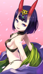 Rule 34 | 1girl, bob cut, breasts, fate/grand order, fate (series), from side, horns, japanese clothes, kimono, looking at viewer, maruta kentarou, oni, pale skin, petals, pink background, purple eyes, purple hair, short hair, shuten douji (fate), skin-covered horns, small breasts, smile, solo