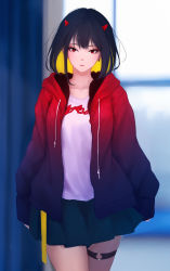 Rule 34 | 1girl, black hair, black skirt, blonde hair, blurry, blurry background, breasts, closed mouth, curtains, depth of field, drawstring, earrings, highres, hood, hood down, hooded jacket, horns, jacket, jewelry, long sleeves, looking at viewer, multicolored hair, o-ring, open clothes, open jacket, original, pleated skirt, puffy long sleeves, puffy sleeves, red eyes, red jacket, shimmer, skirt, sleeves past wrists, small breasts, solo, standing, thigh strap, two-tone hair, window