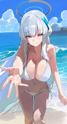 Rule 34 | 1girl, absurdres, bare arms, bare legs, bare shoulders, beach, bikini, blue archive, blush, breasts, cleavage, closed mouth, day, feet out of frame, grey hair, halo, highres, large breasts, long hair, looking at viewer, mechanical halo, navel, noa (blue archive), ocean, outdoors, purple eyes, reaching, reaching towards viewer, riel (ataraxia2334), smile, solo, swimsuit, white bikini