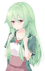 Rule 34 | 1girl, bad face, blush, brown skirt, bunching hair, closed mouth, collarbone, green hair, green jacket, hair between eyes, hair flaps, hands up, highres, jacket, long hair, original, pleated skirt, red eyes, roido (taniko-t-1218), shirt, short sleeves, simple background, skirt, smile, solo, very long hair, white background, white shirt