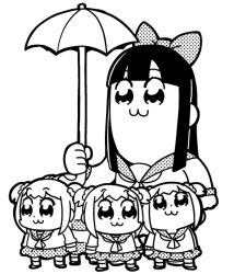 Rule 34 | 10s, 5girls, :3, bkub, bow, clenched hand, commentary request, facing away, greyscale, hair bow, hair ornament, hair scrunchie, halftone, holding, holding umbrella, long hair, looking up, monochrome, multiple girls, pipimi, poptepipic, popuko, school uniform, scrunchie, serafuku, shoes, short hair, short twintails, sidelocks, simple background, skirt, twintails, two side up, umbrella, white background