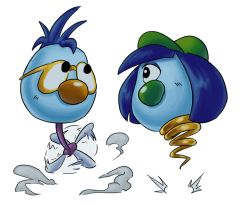 Rule 34 | 1boy, 1girl, baseball cap, black eyes, blue hair, blue skin, colored skin, dust, glasses, hat, looking up, medium hair, no humans, no mouth, one-eyed, propeller, simonsoys, spiked hair, spring (object), transparent background, zoombinis