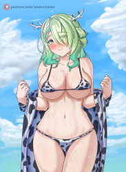 Rule 34 | 1girl, absurdres, animal print, antlers, azurecruiser, bikini, blue sky, blush, braid, braided bangs, branch, breasts, ceres fauna, cleavage, cloud, cloudy sky, cow print, cow print bikini, green hair, hair over one eye, highres, hololive, hololive english, horns, jacket, large breasts, looking at viewer, mole, mole under eye, navel, patreon logo, patreon username, print bikini, removing jacket, sky, smile, sweat, swimsuit, underboob, upper body, virtual youtuber, wet, yellow eyes