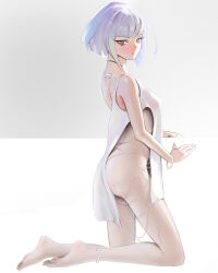 Rule 34 | 1girl, absurdres, anklet, ass, bare shoulders, barefoot, blunt bangs, bob cut, breasts, cyberpunk (series), cyberpunk 2077, cyberpunk edgerunners, dot mouth, dress, eyeshadow, feet, from side, grey eyes, highres, jewelry, kneeling, legs, looking at viewer, looking to the side, lucy (cyberpunk), makeup, mawaw, medium hair, multicolored hair, no panties, open mouth, red eyeshadow, short dress, short hair, side slit, simple background, sleeveless, sleeveless dress, small breasts, solo, toes, white dress, white hair