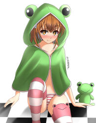 Rule 34 | 1girl, 2023, 20s, absurdres, alternate costume, bare shoulders, bikini, blush, brown eyes, brown hair, checkered floor, collarbone, feet out of frame, female focus, flower, frog poncho, frown, gekota, green poncho, hair flower, hair ornament, highres, looking at viewer, matching hair/eyes, misaka mikoto, navel, official alternate costume, pink bikini, pink thighhighs, poncho, short hair, sitting, solo, stomach, striped bikini, striped clothes, striped thighhighs, stuffed animal, stuffed toy, swimsuit, thick thighs, thighhighs, thighs, toaru kagaku no railgun, toaru majutsu no index, twitter username, white background, yoren