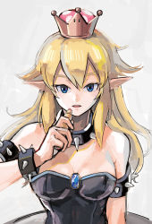Rule 34 | 1girl, armlet, bare shoulders, black collar, black dress, blonde hair, blue eyes, bowsette, bracelet, breasts, cleavage, collar, cosmetics, crown, dress, highres, horns, jewelry, lipstick tube, long hair, looking at viewer, mario (series), medium breasts, new super mario bros. u deluxe, nintendo, open mouth, pointy ears, ponytail, solo, spiked armlet, spiked bracelet, spiked collar, spiked shell, spikes, super crown