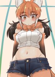 Rule 34 | 1girl, animal ears, bare shoulders, black hair, blush, bow, bowtie, brown gloves, commentary request, cowboy shot, crop top, cutoffs, denim, denim shorts, elbow gloves, from below, fur collar, gloves, hair between eyes, highres, kemono friends, long hair, looking at viewer, maned wolf (kemono friends), midriff, multicolored clothes, multicolored gloves, multicolored hair, navel, orange bow, orange bowtie, orange eyes, orange fur, orange gloves, orange hair, shirt, short shorts, shorts, sidelocks, sleeveless, solo, sweatdrop, tail, tsuppushi, white hair, white shirt, wolf ears, wolf girl, wolf tail