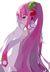 Rule 34 | 1girl, absurdres, cherry, cherry hair ornament, closed mouth, commentary, detached sleeves, expressionless, eyelashes, food, food-themed hair ornament, from behind, fruit, hair ornament, hatsune miku, headphones, highres, lips, long hair, looking at viewer, necktie, petal tears, pink eyes, pink hair, pink necktie, pink skirt, pink sleeves, profile, rei (rei 270), sakura miku, skirt, solo, twintails, very long hair, vocaloid, white background