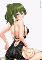 Rule 34 | 1girl, absurdres, artist name, backless dress, backless outfit, bare shoulders, barefoot, black dress, closed mouth, commentary, dress, eyelashes, green hair, highres, jewelry, long hair, looking at viewer, looking back, meisaki, modakawa dress, patreon username, ponytail, purple eyes, simple background, sitting, smile, solo, sousou no frieren, ubel (sousou no frieren), wariza, white background