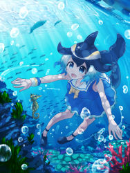 Rule 34 | 10s, 1girl, black hair, blonde hair, blue eyes, blue hair, bow, bowtie, bracelet, bubble, cetacean tail, common dolphin (kemono friends), coral, dress, fins, fish, fish tail, highres, jewelry, kazuneko (wktk1024), kemono friends, multicolored hair, open mouth, sailor collar, seahorse, solo, tail, teeth, underwater, water