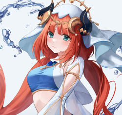 Rule 34 | 1girl, aqua eyes, bad id, bad twitter id, breasts, circlet, closed mouth, crop top, floating hair, genshin impact, gold trim, heeri, horns, long hair, long sleeves, looking at viewer, low twintails, medium breasts, nilou (genshin impact), parted bangs, puffy long sleeves, puffy sleeves, red hair, simple background, solo, twintails, upper body, veil, water, white background, white headwear, white sleeves