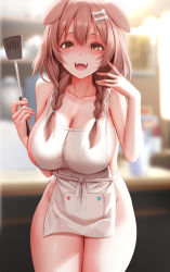 Rule 34 | 1girl, alternate breast size, animal ears, apron, blurry, blurry background, blush, bone hair ornament, braid, breasts, brown eyes, brown hair, cartoon bone, cleavage, collarbone, dog ears, fangs, ginhaha, hair ornament, highres, holding, hololive, inugami korone, kitchen, large breasts, looking at viewer, naked apron, open mouth, smile, solo, teeth, thighs, twin braids, upper teeth only, virtual youtuber, white apron